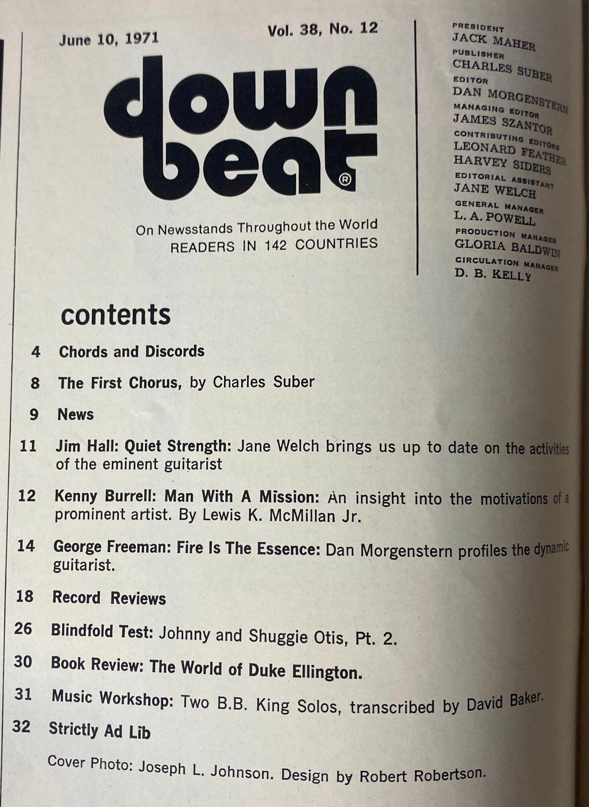 Interior page of Down Beat Magazine June 10, 1971 Vol 38 No. 12 displaying contents, including features on Kenny Burrell and Jim Hall.