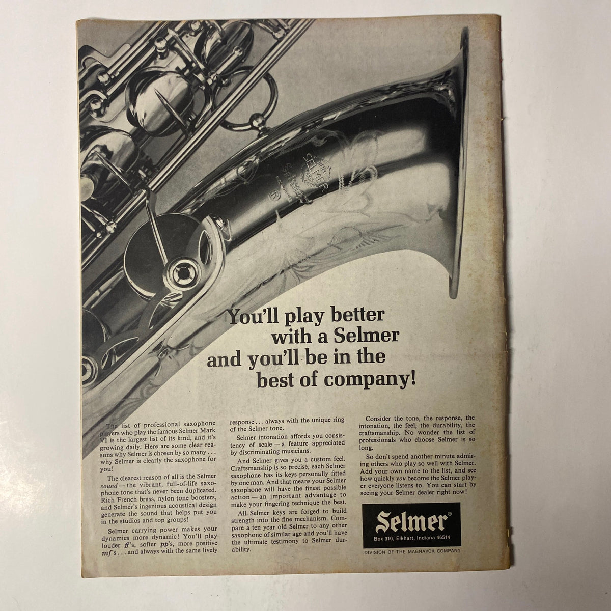 Back cover advertisement for Selmer featuring a saxophone, from Down Beat Magazine January 7, 1971 Vol 38 No. 1.