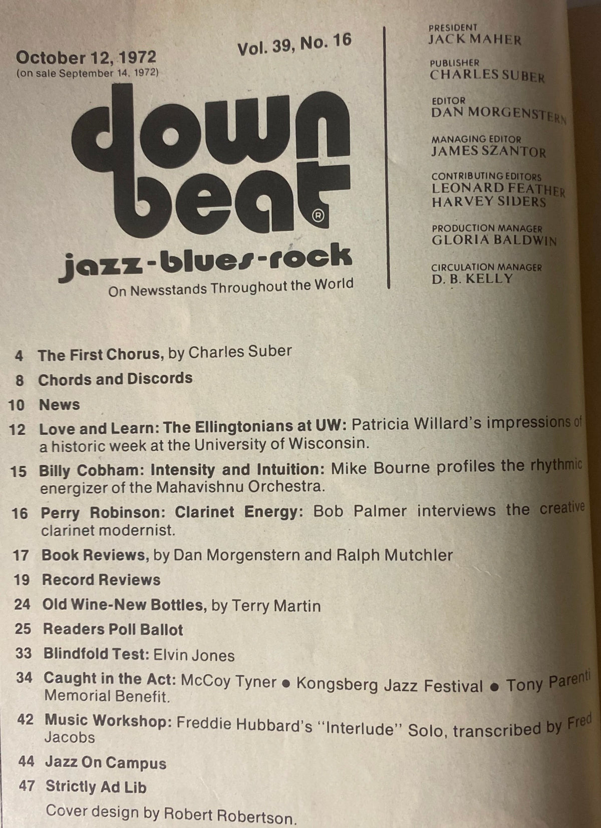 Contents page of Down Beat Magazine October 12, 1972, Vol 39 No. 16, featuring articles like 'Love and Learn: The Ellingtonians at UW' and 'Billy Cobham: Intensity and Intuition.'