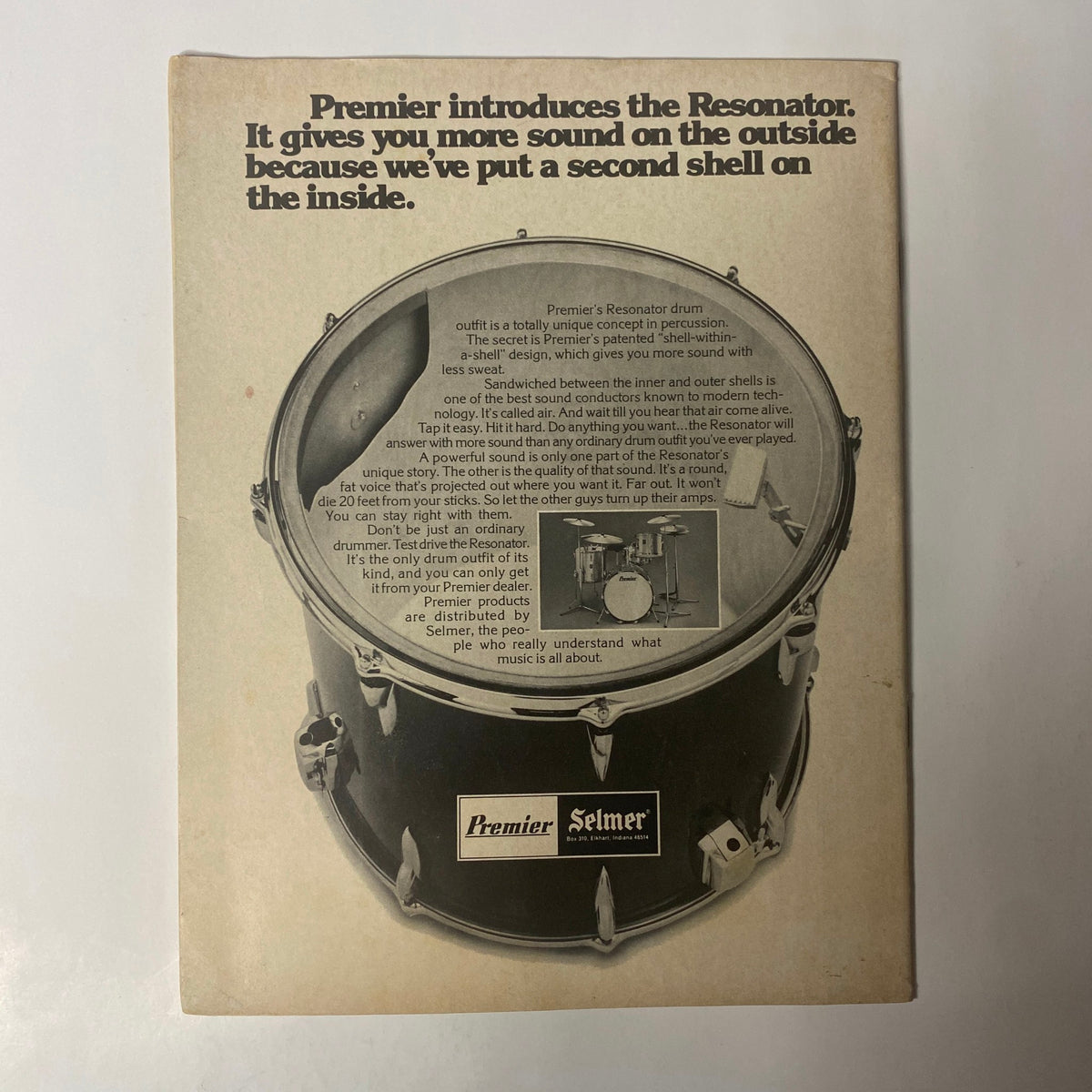 Premiere introduces the Resonator drum advertisement featuring the Down Beat Magazine title dated May 8, 1975, highlighting Chuck Mangione, Milt Jackson, and Eddie Vinson.
