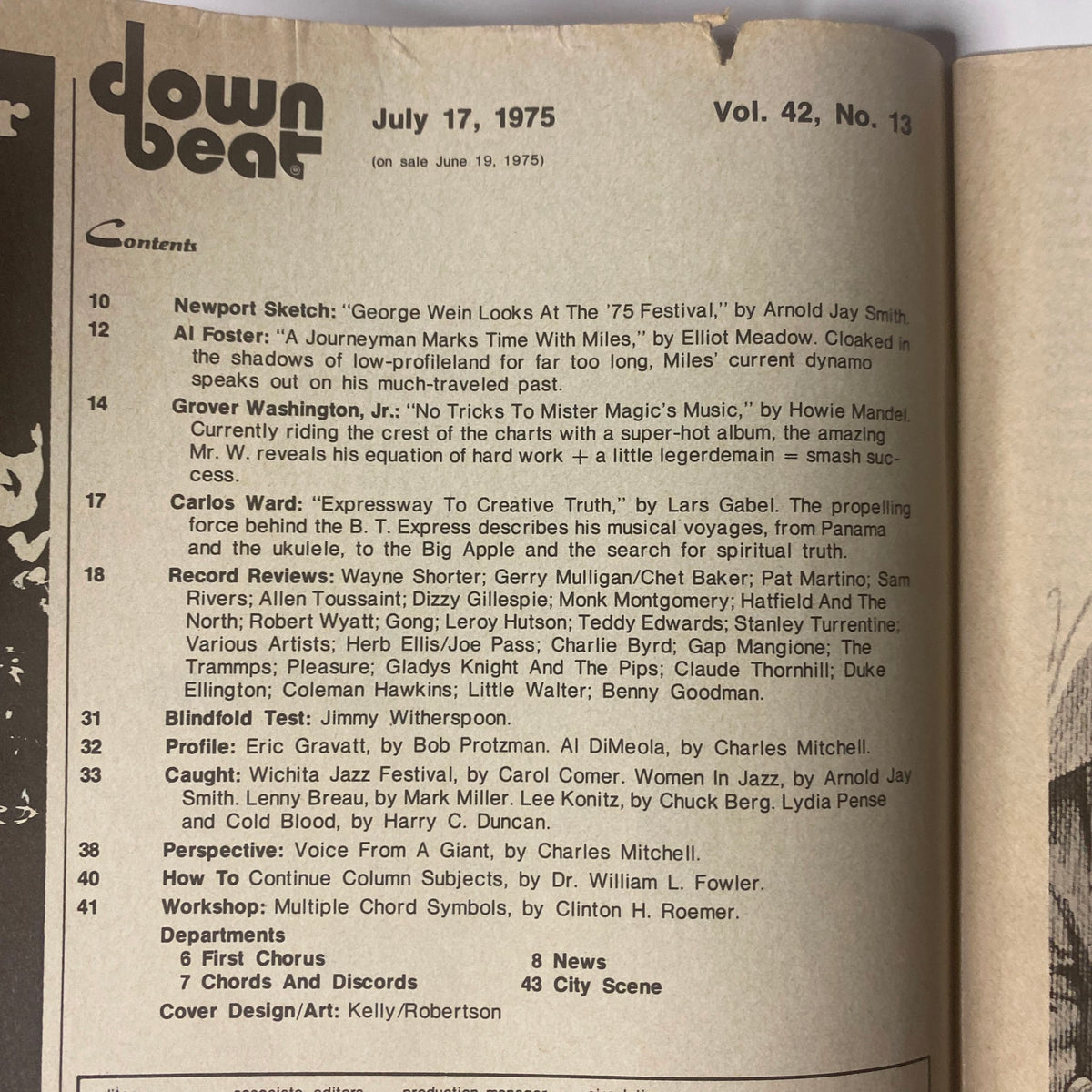 Contents page of Down Beat Magazine July 17, 1975, Volume 42, Number 13, listing features on jazz artists like Grover Washington Jr., Al Foster, and Carlos Ward.