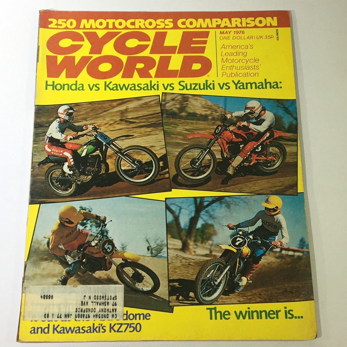 Cover of VTG Cycle World Magazine May 1976 featuring an exciting comparison of Honda vs Kawasaki vs Suzuki vs Yamaha motorcycles, showcasing motocross action with riders on different bikes.