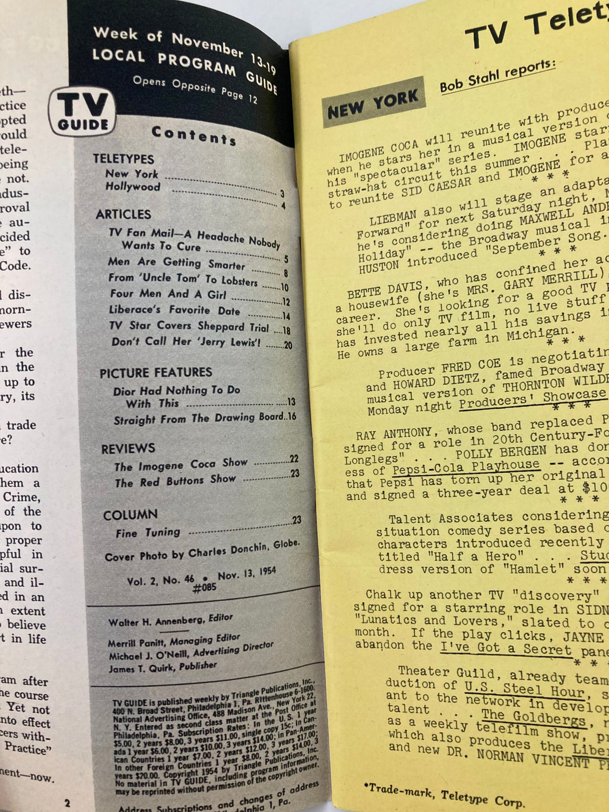 Inside page of TV Guide Magazine from November 13, 1954, displaying the table of contents and listings, reflecting the local programming for Cincinnati, Columbus, and Dayton.