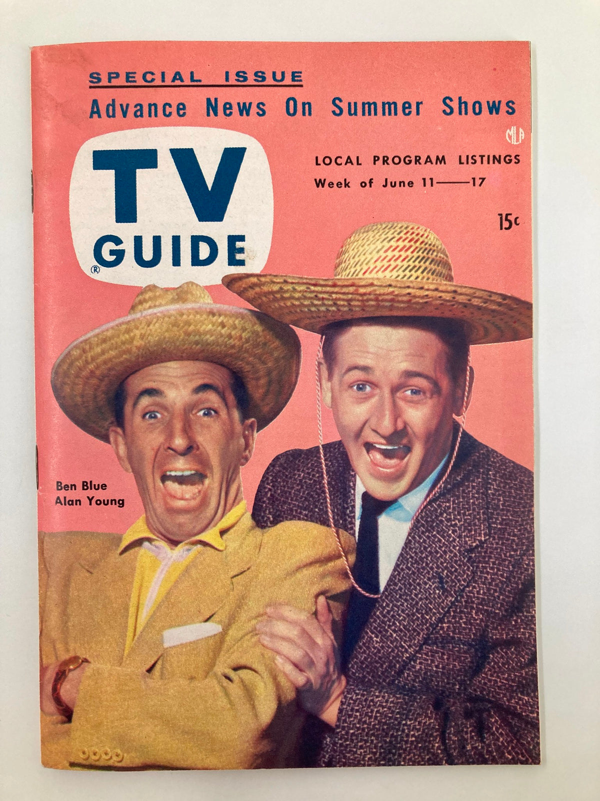 TV Guide Magazine June 11 1954 featuring Ben Blue and Alan Young on the cover, showcasing their vibrant personalities with straw hats and bright clothing.