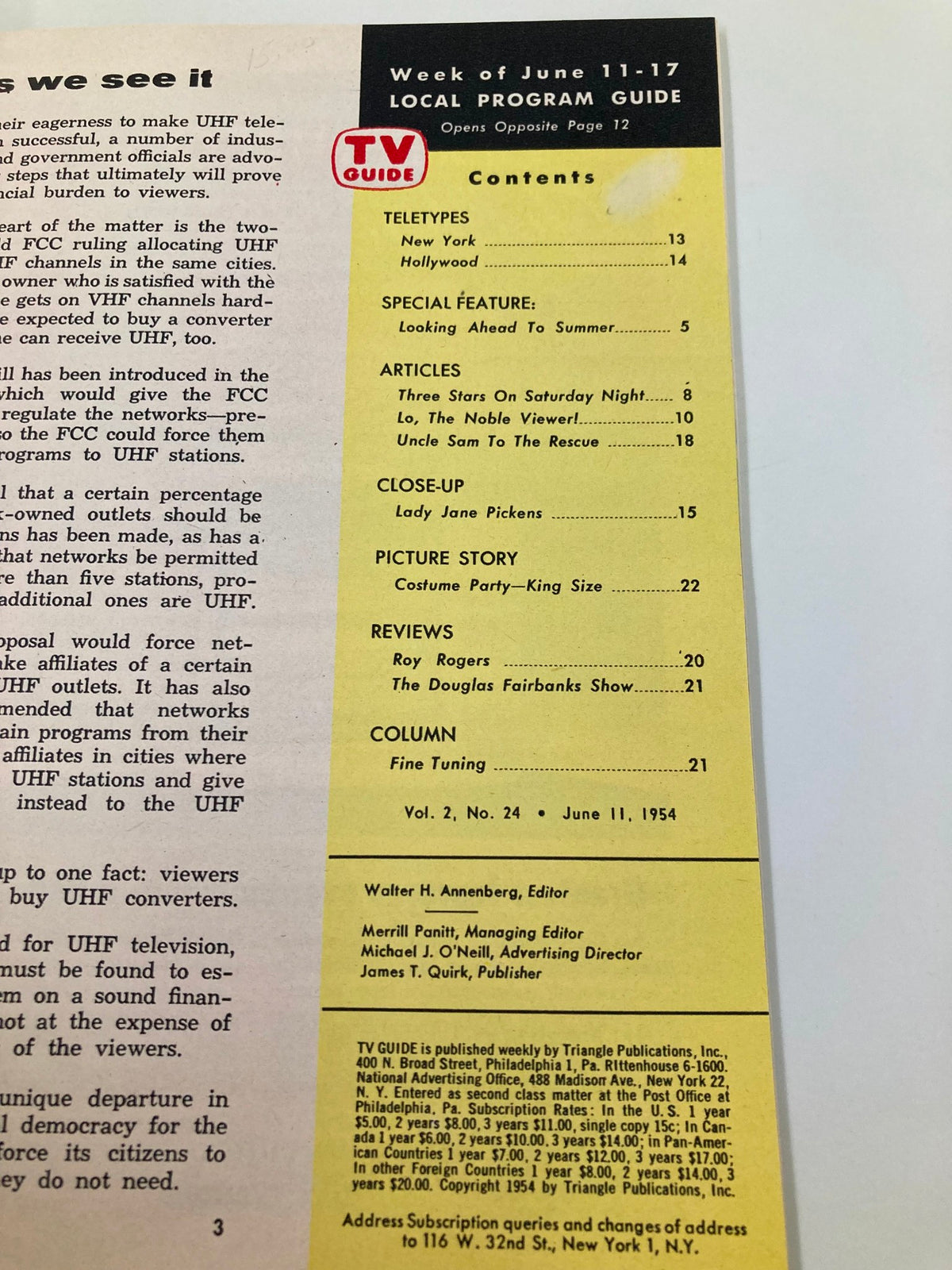 Inside page of TV Guide Magazine June 11 1954 detailing the local program listings and contents including features and articles for the week.