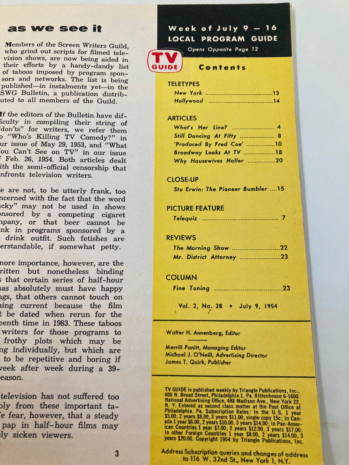 TV Guide Magazine July 9 1954 contents page, featuring a list of articles, teletype sections, and programming guide media, showcasing historical television context.