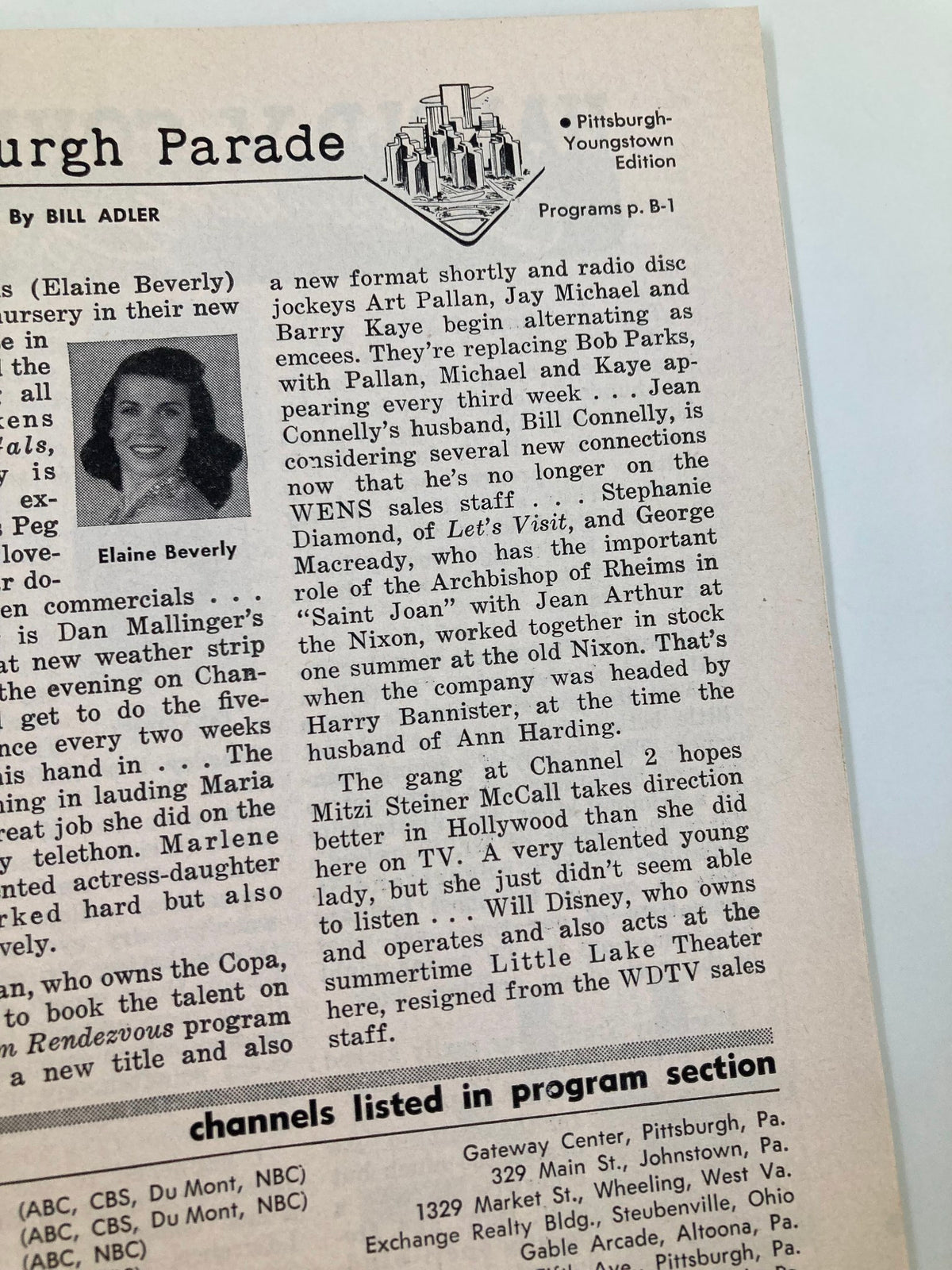 Pittsburgh-Youngstown edition page from TV Guide Magazine October 9 1954, highlighting local program details and featuring a photo of Elaine Beverly.