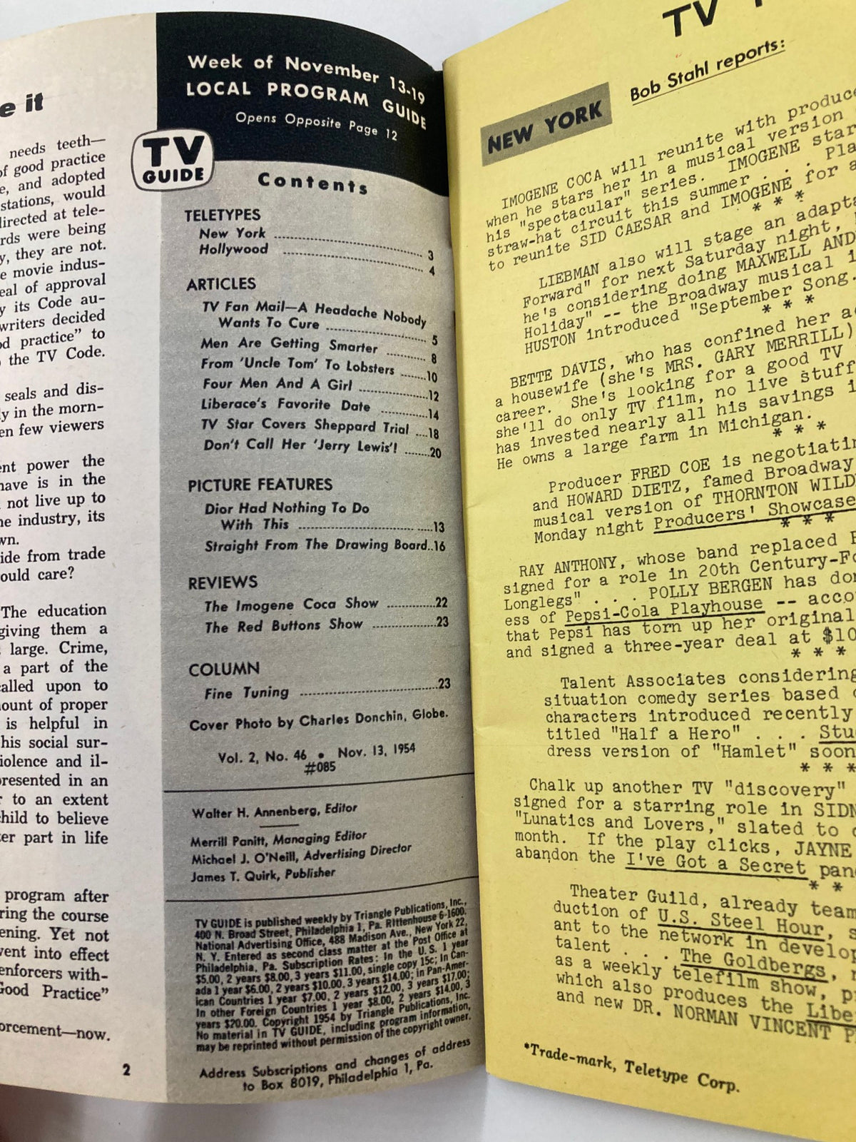 Interior page of TV Guide Magazine from November 13, 1954 with program contents and articles, offering insight into television history and entertainment during the mid-20th century.