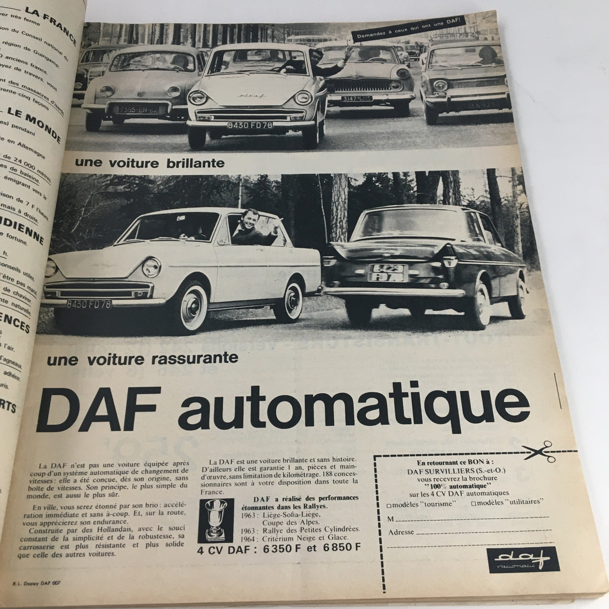Interior page of Paris Match Magazine October 1964 showcasing an advertisement for DAF automobiles.