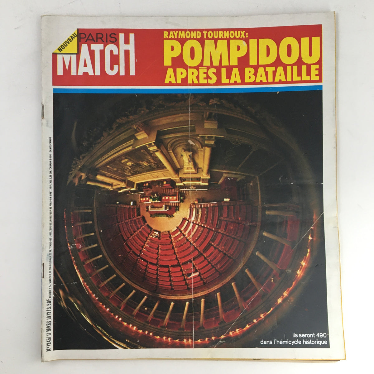 Cover of Paris Match Magazine March 1973 featuring the artwork by Raymond Tournoux, highlighting the Pompidou era with a striking image of a theater interior.