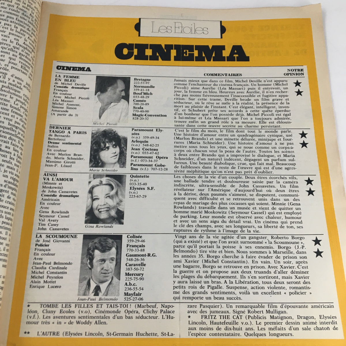 Page from Paris Match Magazine January 1973 with cinema reviews and star ratings, featuring content relevant to film enthusiasts from the 1970s.