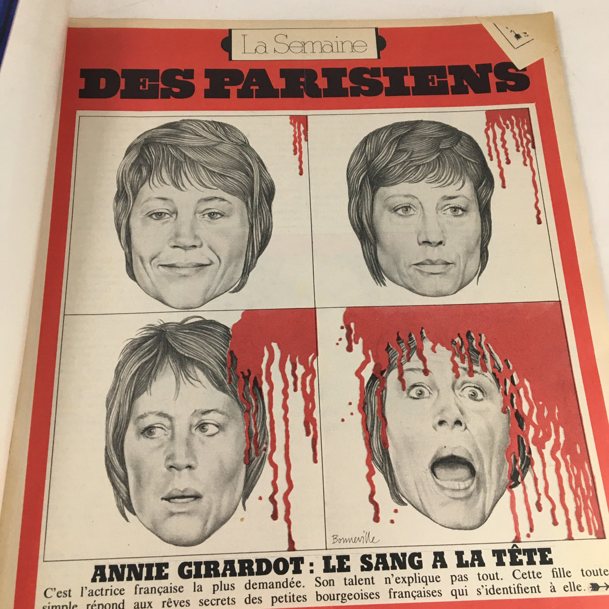 Illustration from Paris Match Magazine February 1973 depicting actress Annie Girardot with varying facial expressions and dramatic red elements.