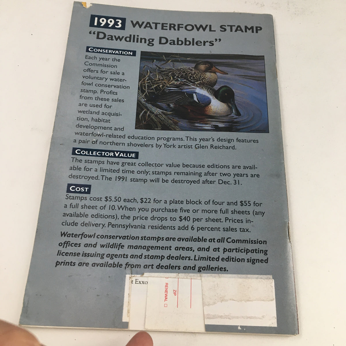 1993 Pennsylvania Game News Waterfowl Stamp titled 'Dawdling Dabblers', featuring a beautiful illustration of northern shoveler ducks, with information on conservation, collector value, and cost for purchasing waterfowl stamps. This image captures the essence of wildlife conservation and hunting culture in Pennsylvania.