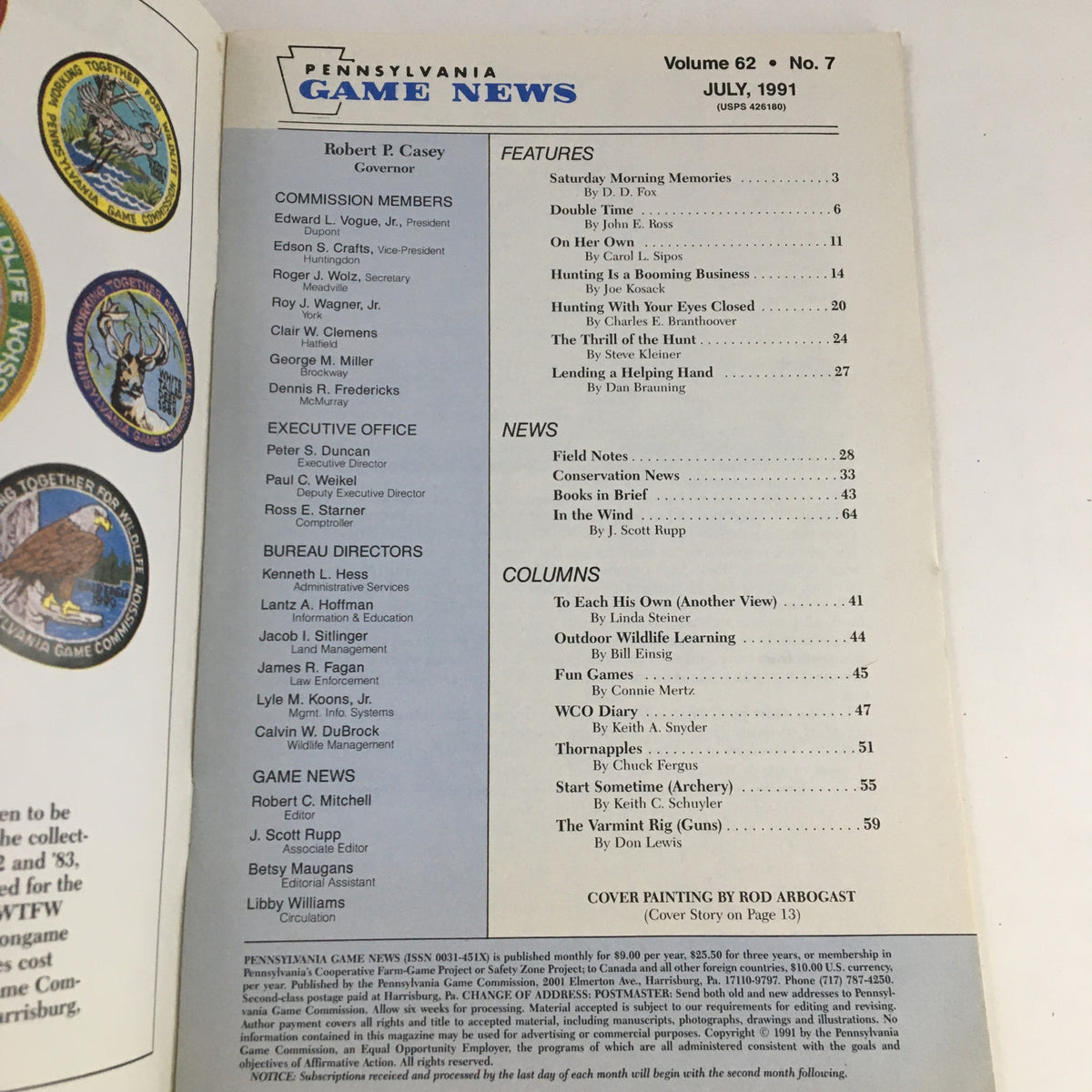 Table of contents from Pennsylvania Game News July 1991 issue, featuring articles on hunting trends and outdoor sports.