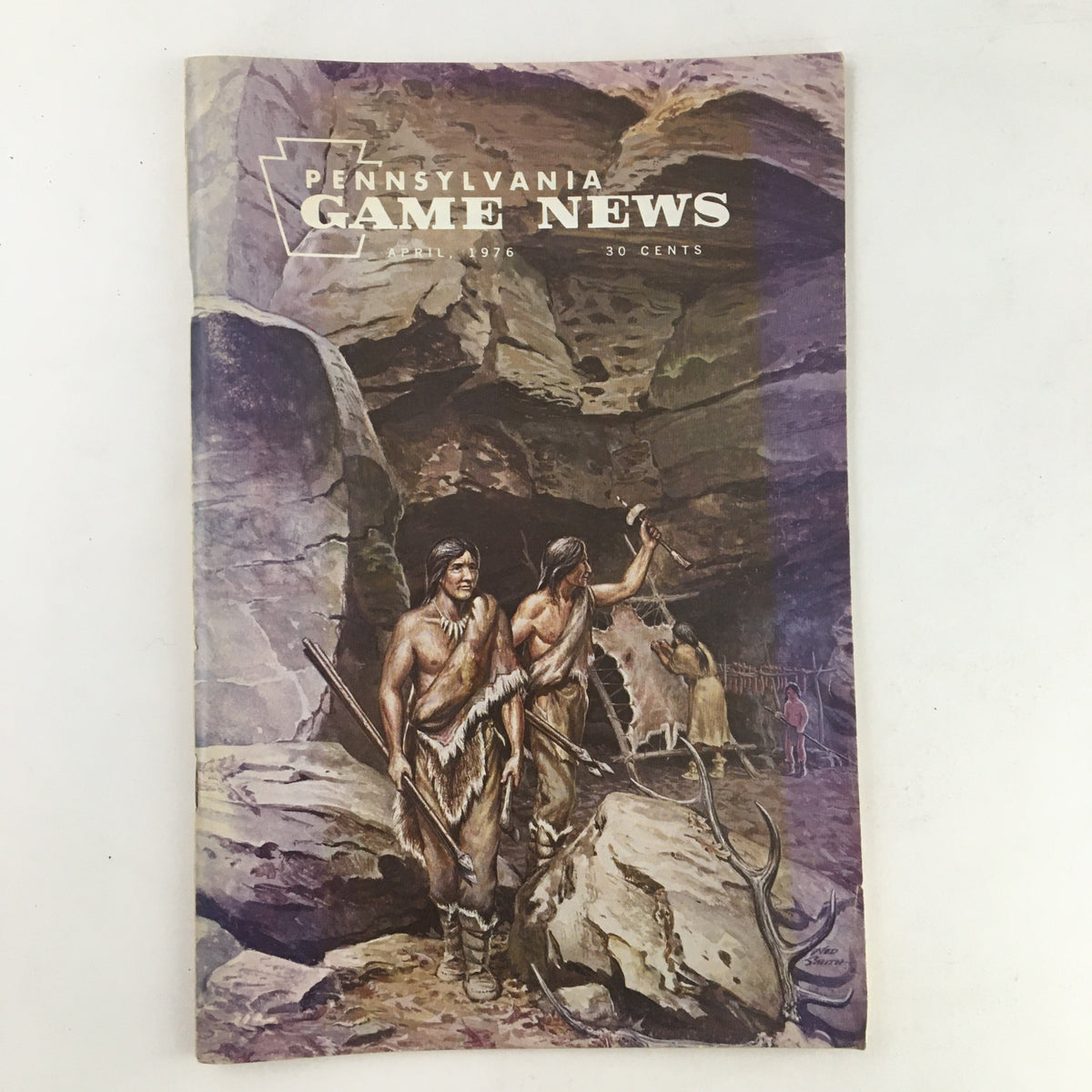 Cover of Pennsylvania Game News April 1976 featuring Meadowcroft Hunting Camp illustration, depicting ancient hunting scenes and early inhabitants.