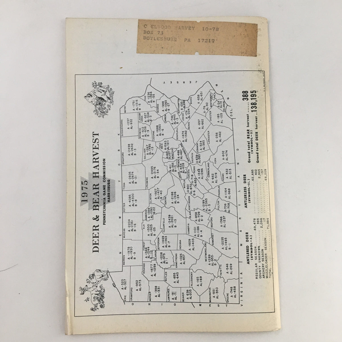 Back cover of Pennsylvania Game News April 1976 displaying a map of the 1975 deer and bear harvest in Pennsylvania.