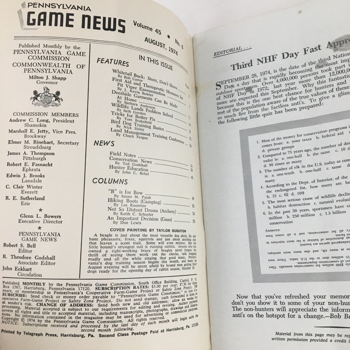Cover page of Pennsylvania Game News August 1974, featuring articles on wildlife management and conservation efforts. This vintage magazine titled 'Wildlife Lands Problem Solved' offers insights into Pennsylvania's wildlife issues during the 1970s.