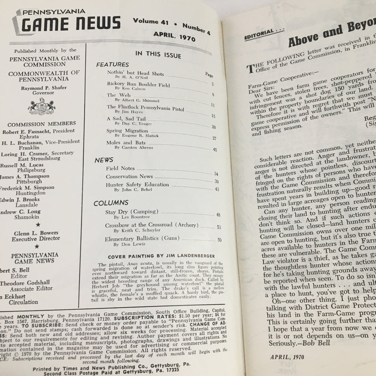 Interior pages of Pennsylvania Game News April 1970 displaying the contents and articles, including a feature on the Flintlock Pennsylvania Pistol and editorial notes.