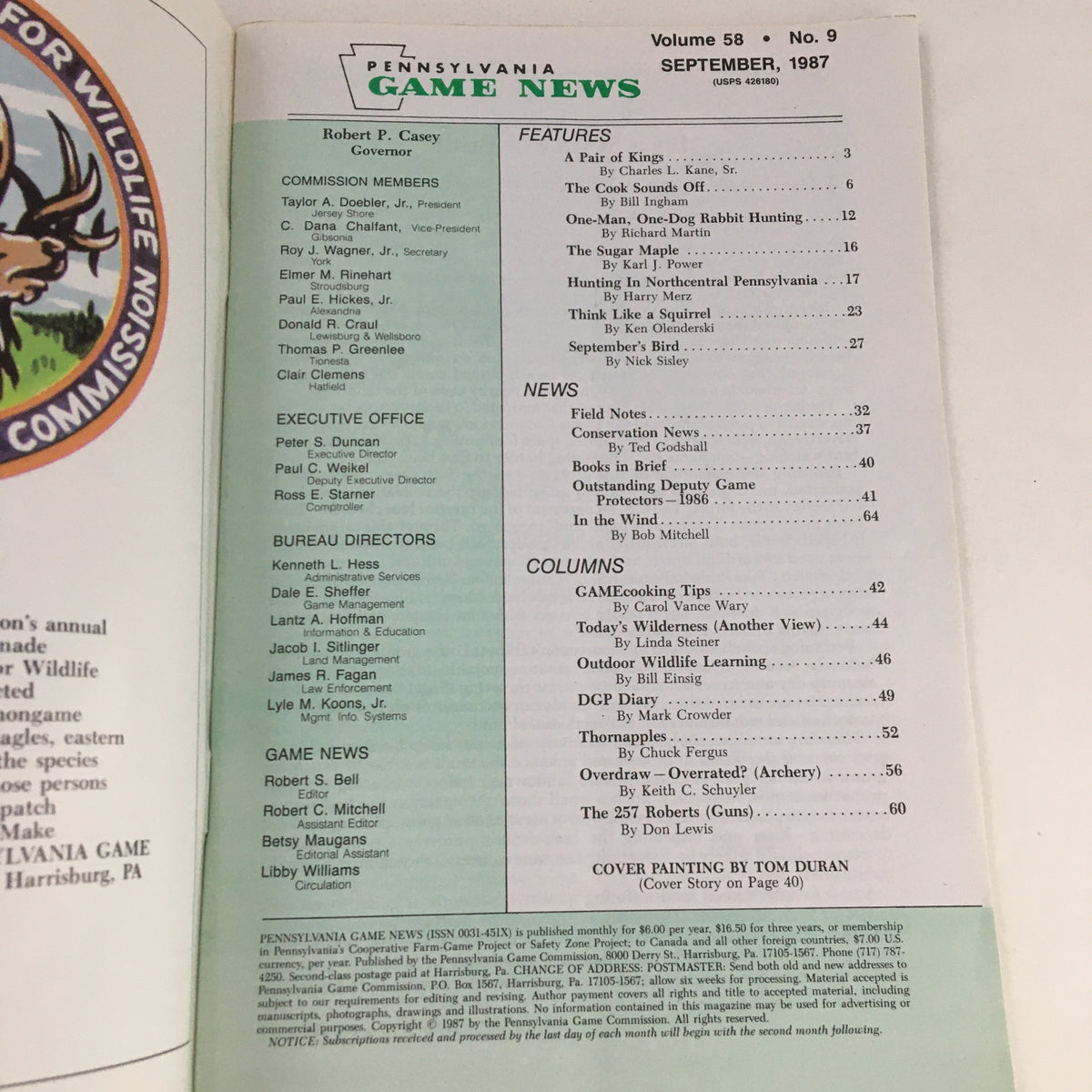 Table of contents page of the Pennsylvania Game News, September 1987, listing articles on hunting, wildlife management, and outdoor tips.