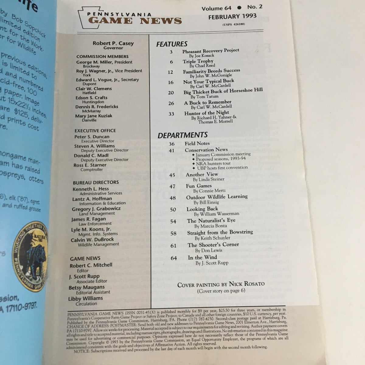 Interior page of February 1993 Pennsylvania Game News magazine listing features and departments, including the article on the Big Thicket Buck of Horseshoe Hill.
