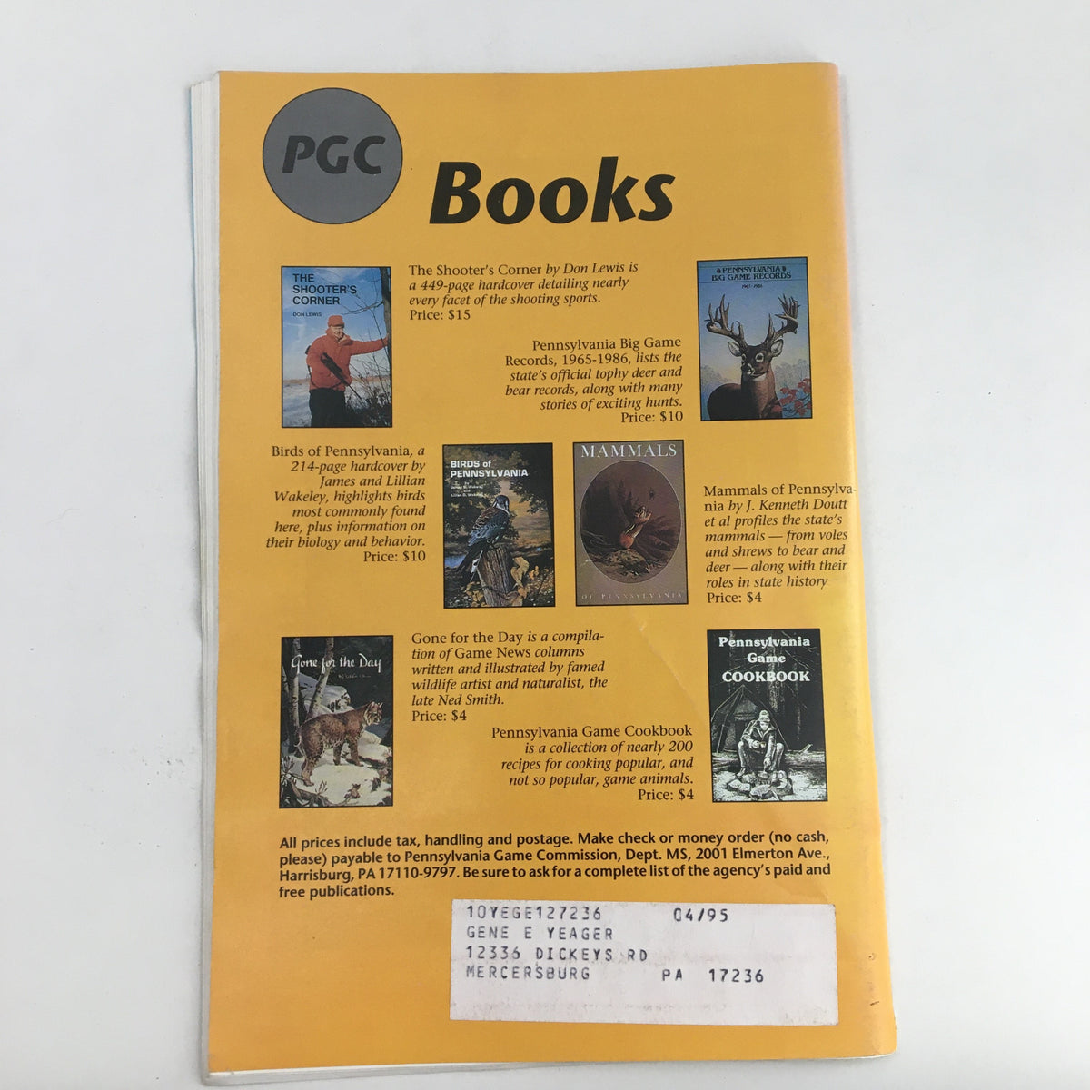 Back cover of February 1993 Pennsylvania Game News magazine displaying advertisements for wildlife-related books and products, titled 'Pennsylvania Game News February 1993 Big Thicket Buck of Horseshoe Hill'.