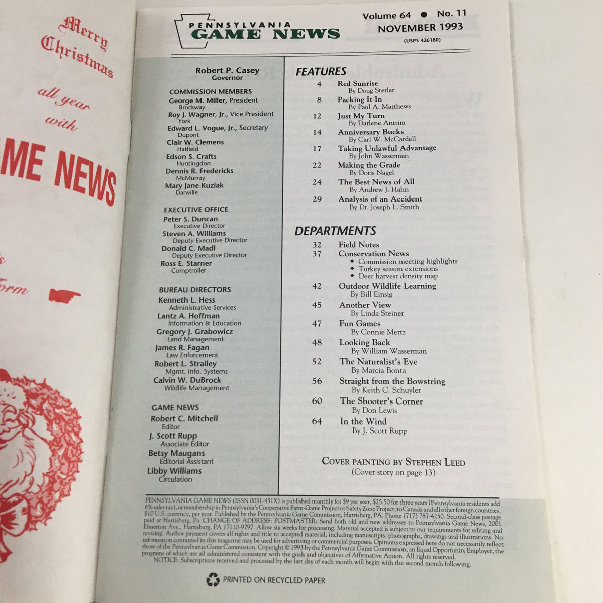 Table of contents from Pennsylvania Game News November 1993 issue, featuring articles including 'Taking Unlawful Advantage' by J. Wasserman.
