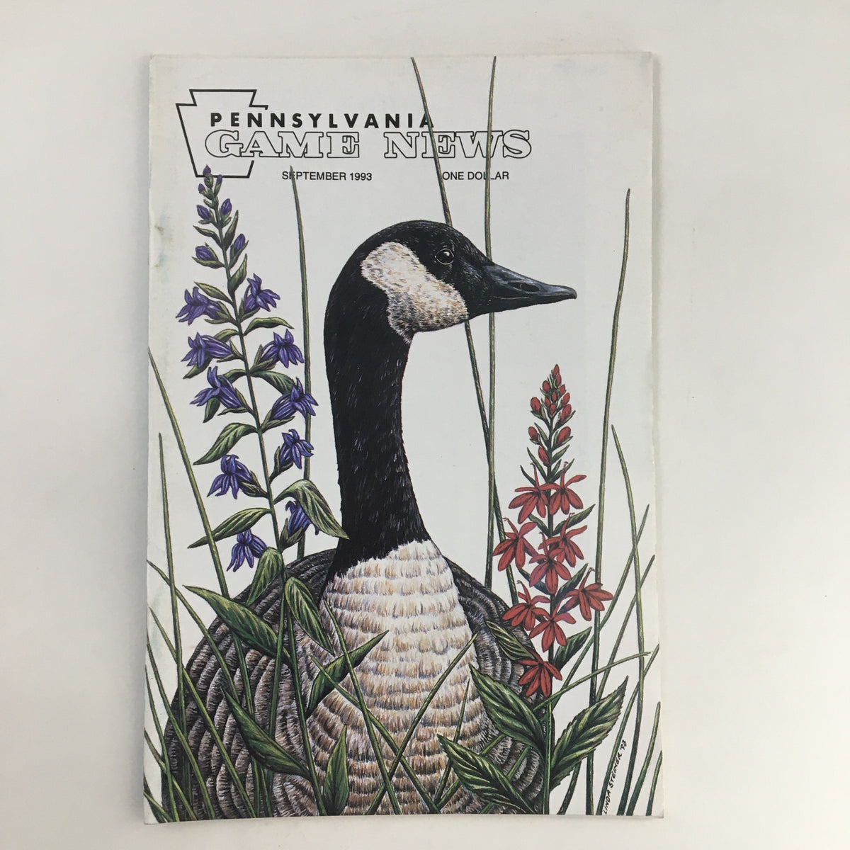 Cover of Pennsylvania Game News September 1993 featuring a Canada goose surrounded by purple and red flowers, showcasing wildlife art and nature themes.