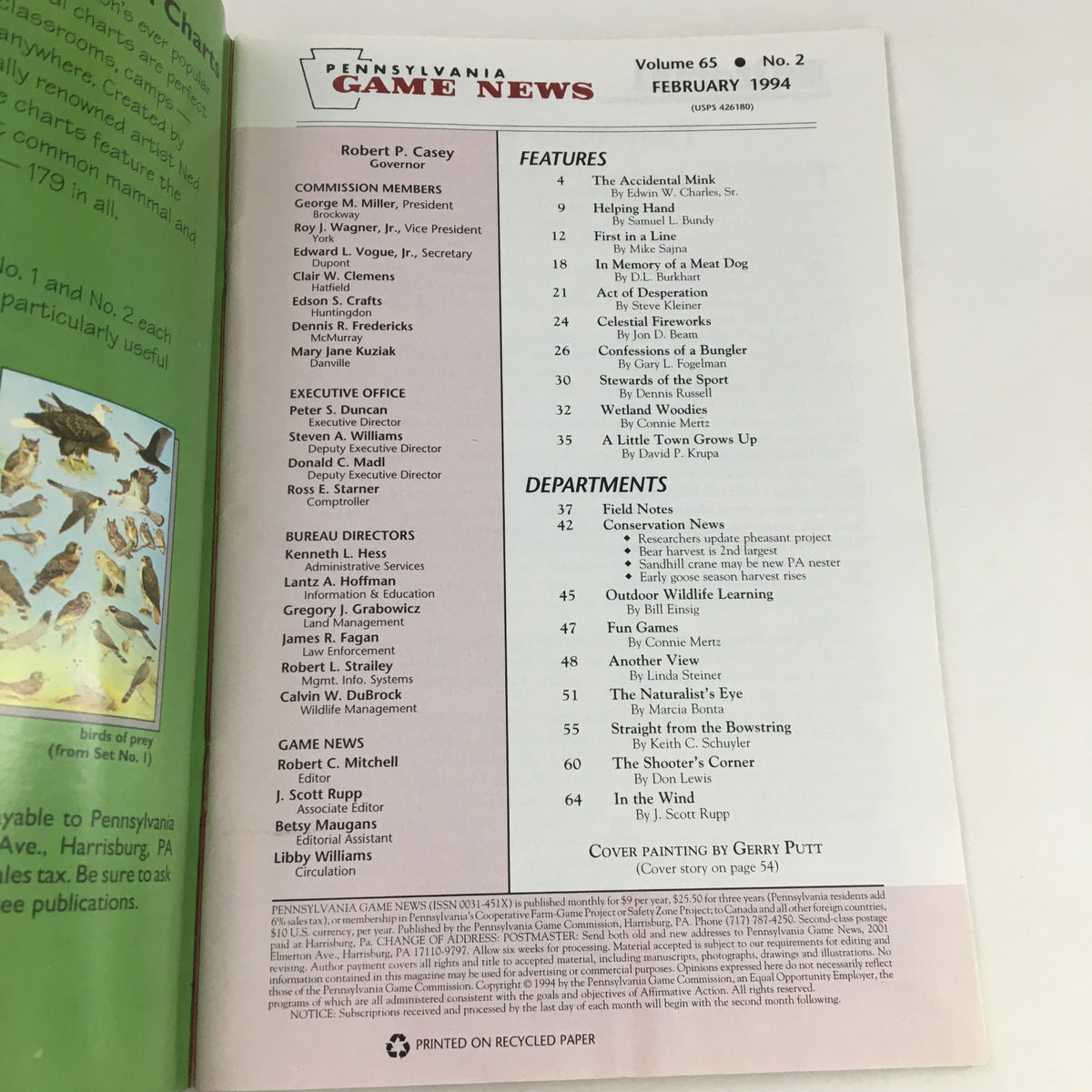 Table of contents from Pennsylvania Game News February 1994, detailing features and departments related to wildlife and conservation.