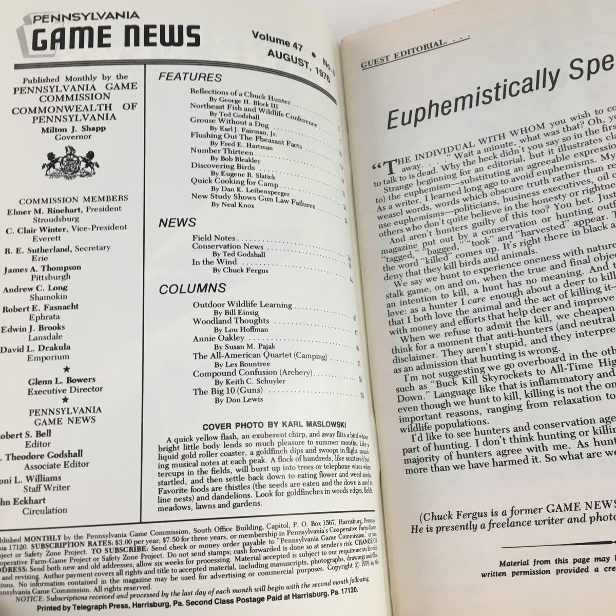 Interior page of Pennsylvania Game News August 1976 displaying the table of contents and editorial features including sections on wildlife learning and columns by various authors.