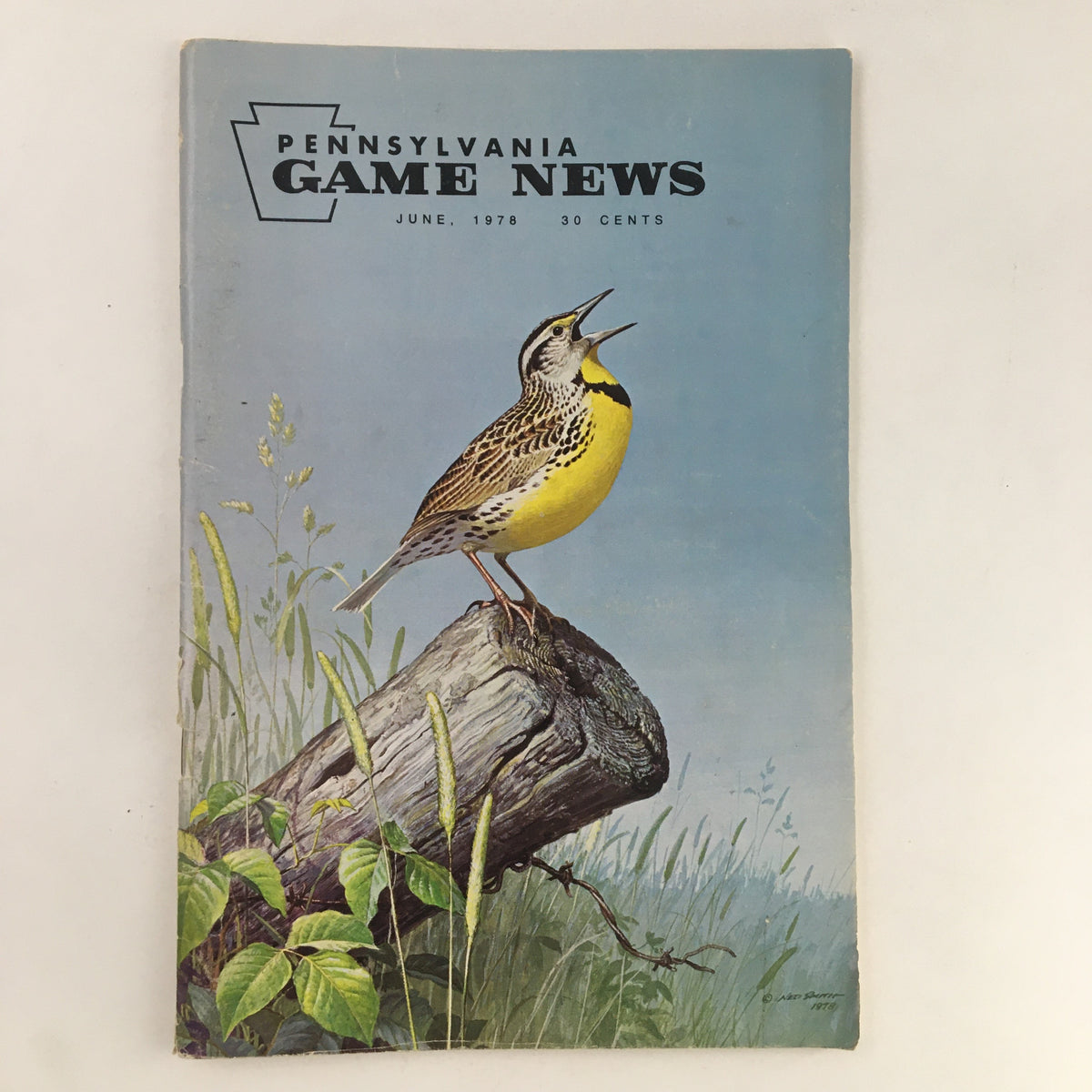 Cover of Pennsylvania Game News June 1978 featuring a meadowlark perched on a log, showcasing artwork by N. Smith.