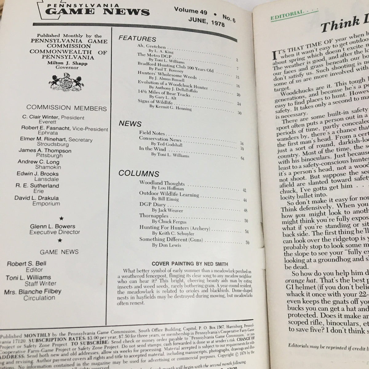 Interior page of Pennsylvania Game News June 1978 displaying the table of contents and publisher information, highlighting articles related to wildlife and conservation.