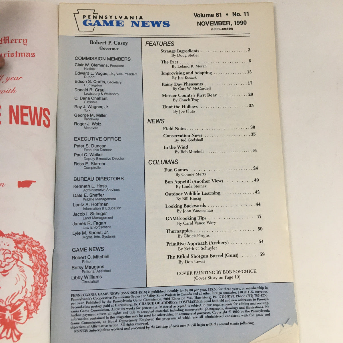 Table of contents from Pennsylvania Game News November 1990 showcasing featured articles and columns related to wildlife, hunting, and outdoor lifestyle.