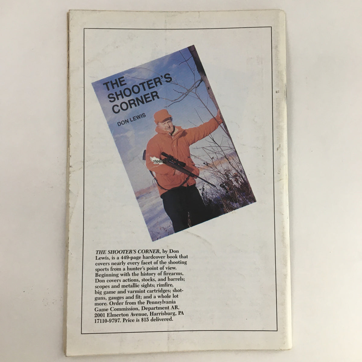 Back cover of Pennsylvania Game News November 1990 with an advertisement for The Shooter's Corner book by Don Lewis, featuring a hunter in an orange jacket holding a rifle.