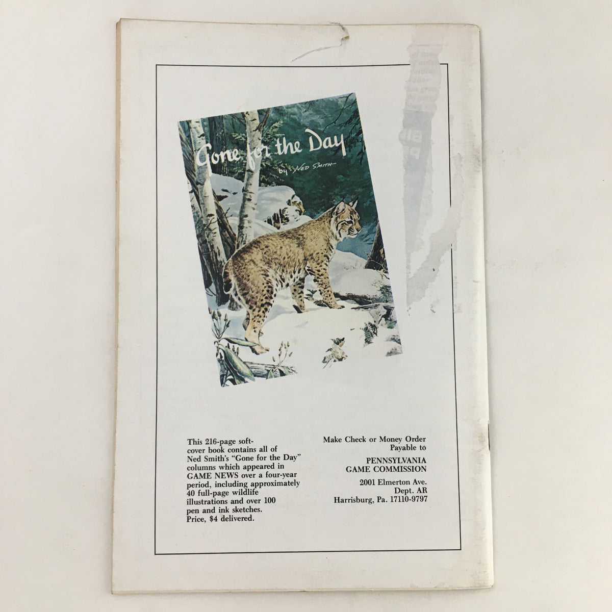 Back cover of Pennsylvania Game News, February 1992, showcasing wildlife art and details of a book by Ned Smith.