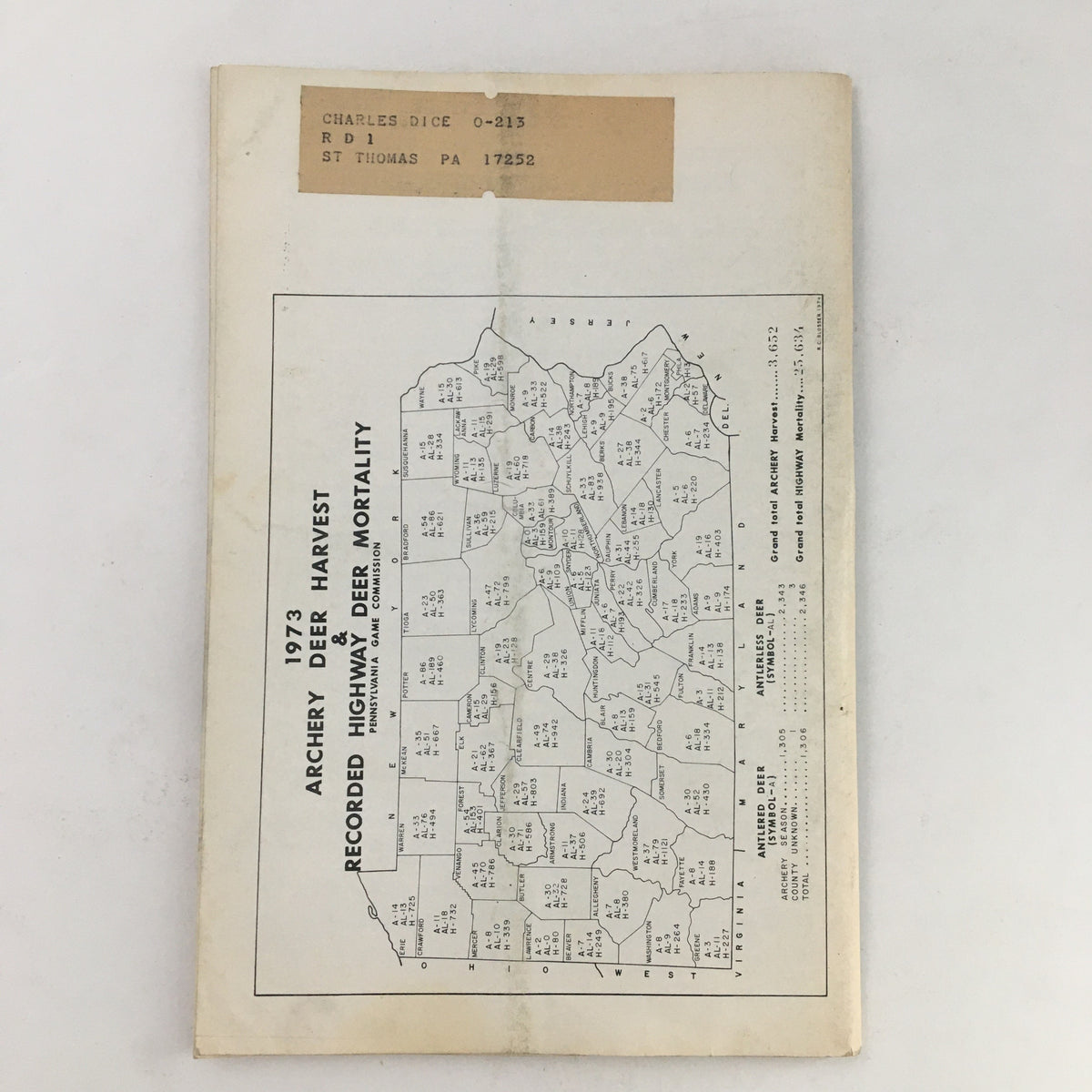 Back cover of the May 1974 edition of Pennsylvania Game News displaying a map related to the 1973 archery deer harvest and highway deer mortality in Pennsylvania.