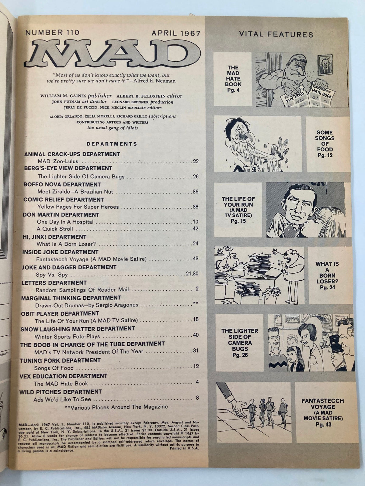 Table of contents page from Mad Magazine April 1967 No. 110, showcasing various humor sections and editors.