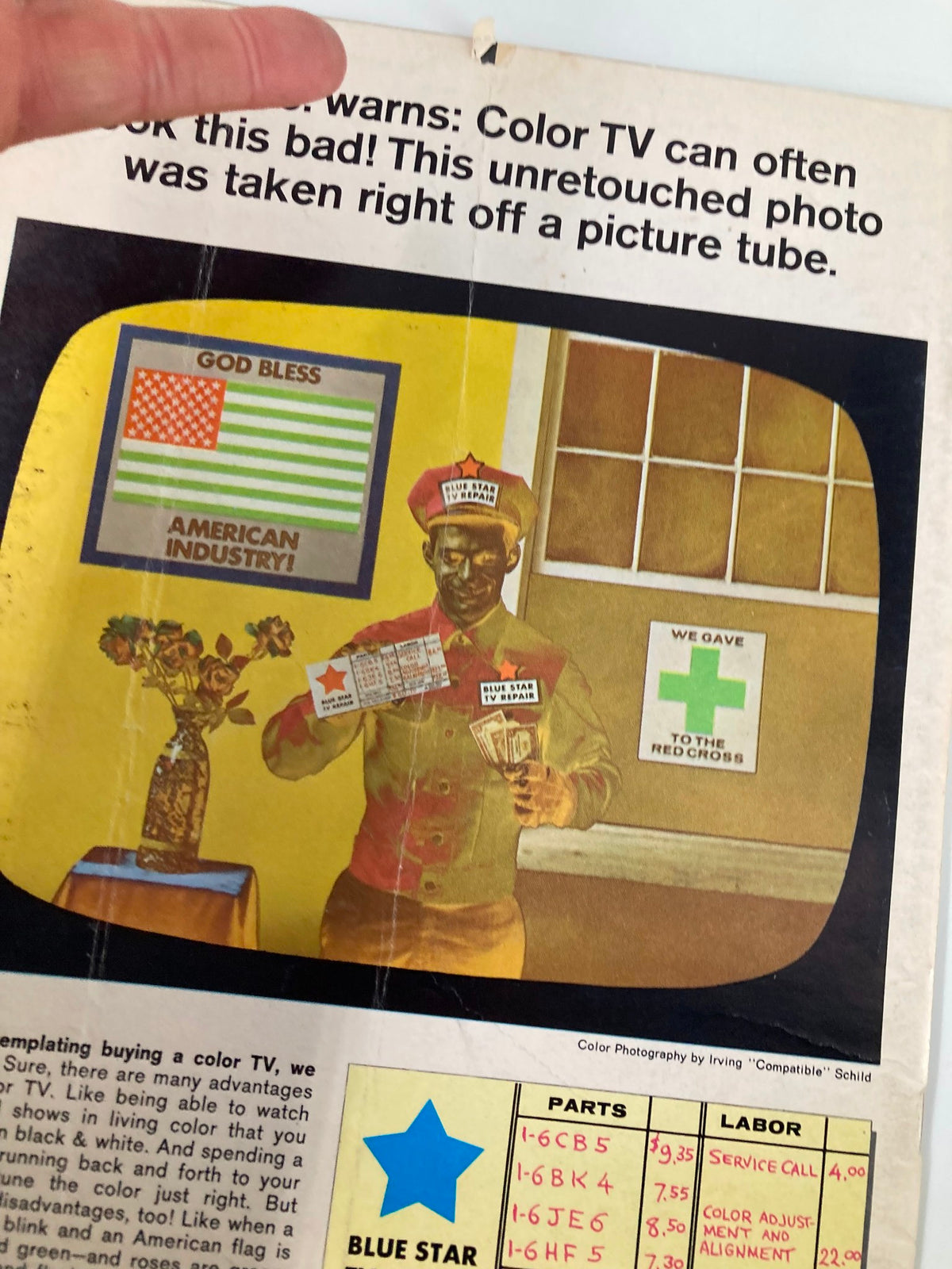 Close-up of a vintage advertisement from Mad Magazine April 1967 No. 110, featuring a color TV repairman holding repair coupons and warning about unretouched color TV images. This quirky illustration enhances the charm of this historic magazine issue.