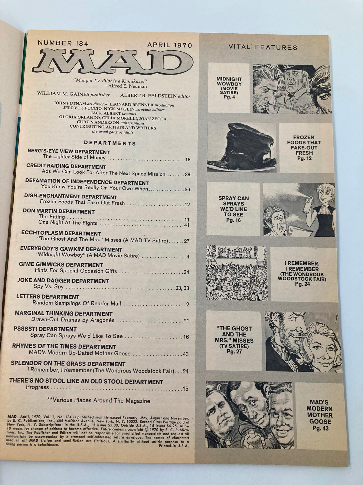 Table of contents from Mad Magazine April 1970 No. 134, outlining various humorous features and commentary, characteristic of the magazine's iconic satirical style.