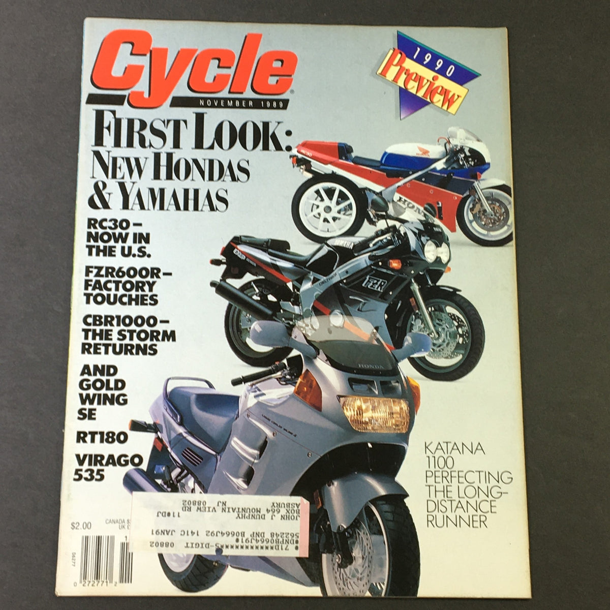 VTG Cycle Magazine November 1989 showcasing Honda and Yamaha motorcycles, including RC30, FZR600R, and CBR1000, featuring an eye-catching cover design.