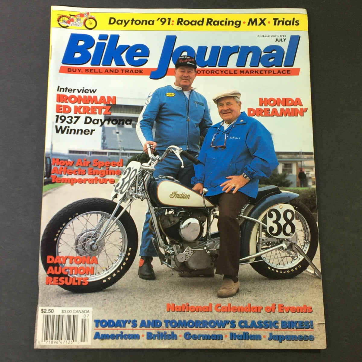 Bike Journal Magazine July 2020 issue featuring an interview with Ironman Ed Kretz, 1937 Daytona winner, showcasing the cover with vintage motorcycle imagery.