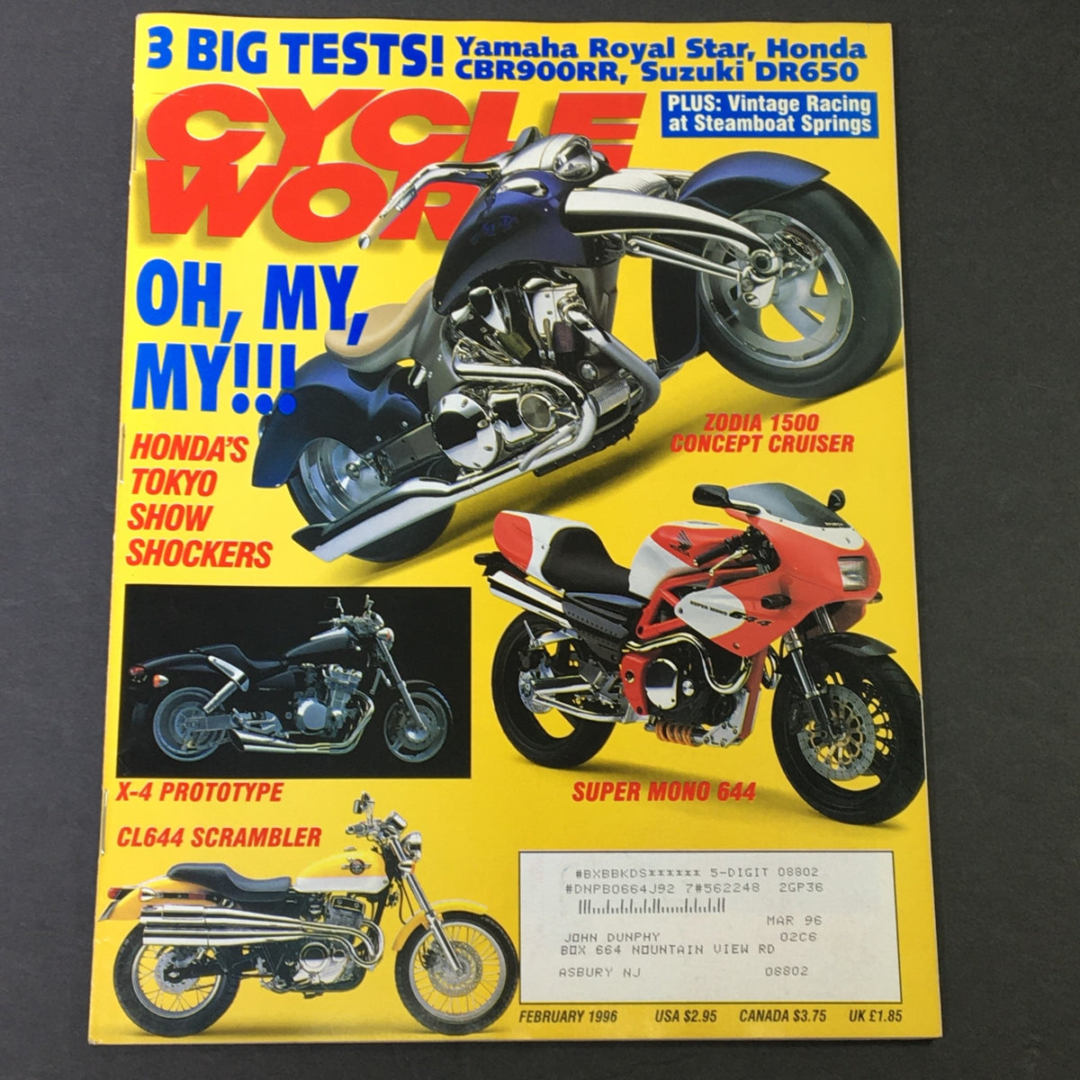 Cycle World Magazine February 1996 cover featuring Zodia 1500 concept cruiser, Super Mono 644, Honda CBR900RR, and Suzuki DR650, highlighting motorcycle culture and innovations.