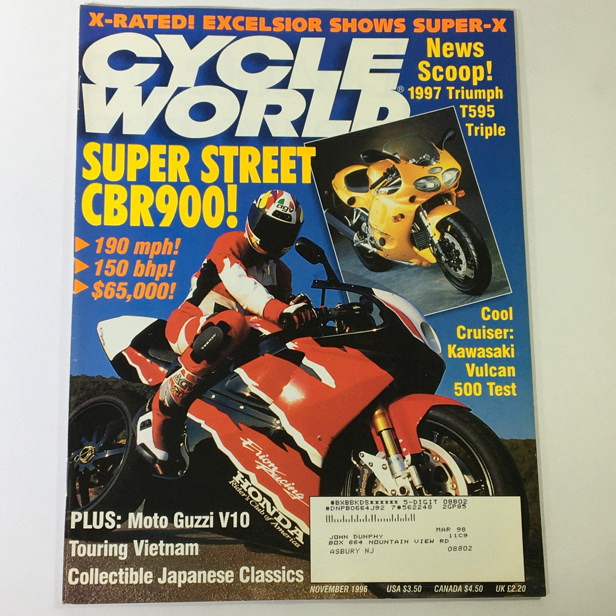 Cycle World Magazine November 1996 cover featuring the Triumph T595 Triple and Kawasaki Vulcan 500, showcasing motorcycle culture and technology from the 90s.