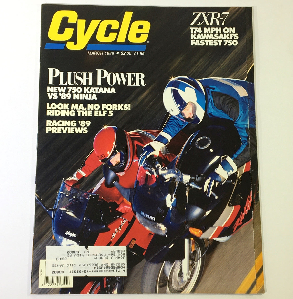 March 1989 issue of Cycle Magazine featuring a comparison of the Suzuki 750 Katana and Kawasaki Ninja ZXR-7, showcasing motorcycle racing culture with vivid imagery of two riders in action.