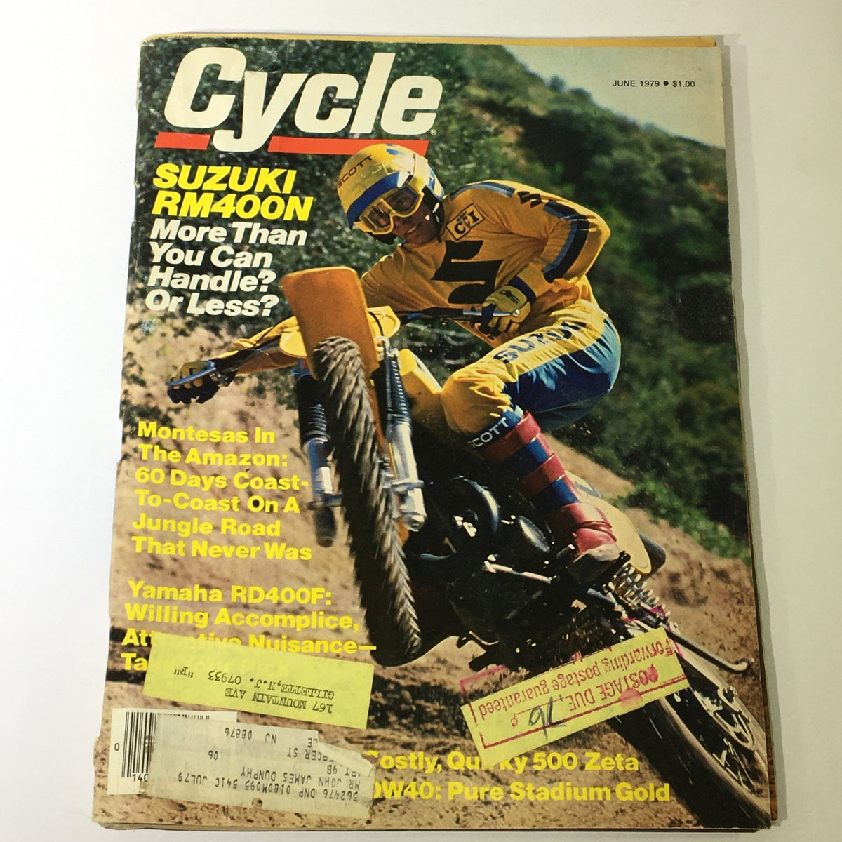 Vintage Cycle Magazine June 1979 cover featuring Suzuki RM400N, Yamaha RD400F, and quirky 500 Zeta with an off-road rider wearing yellow gear.