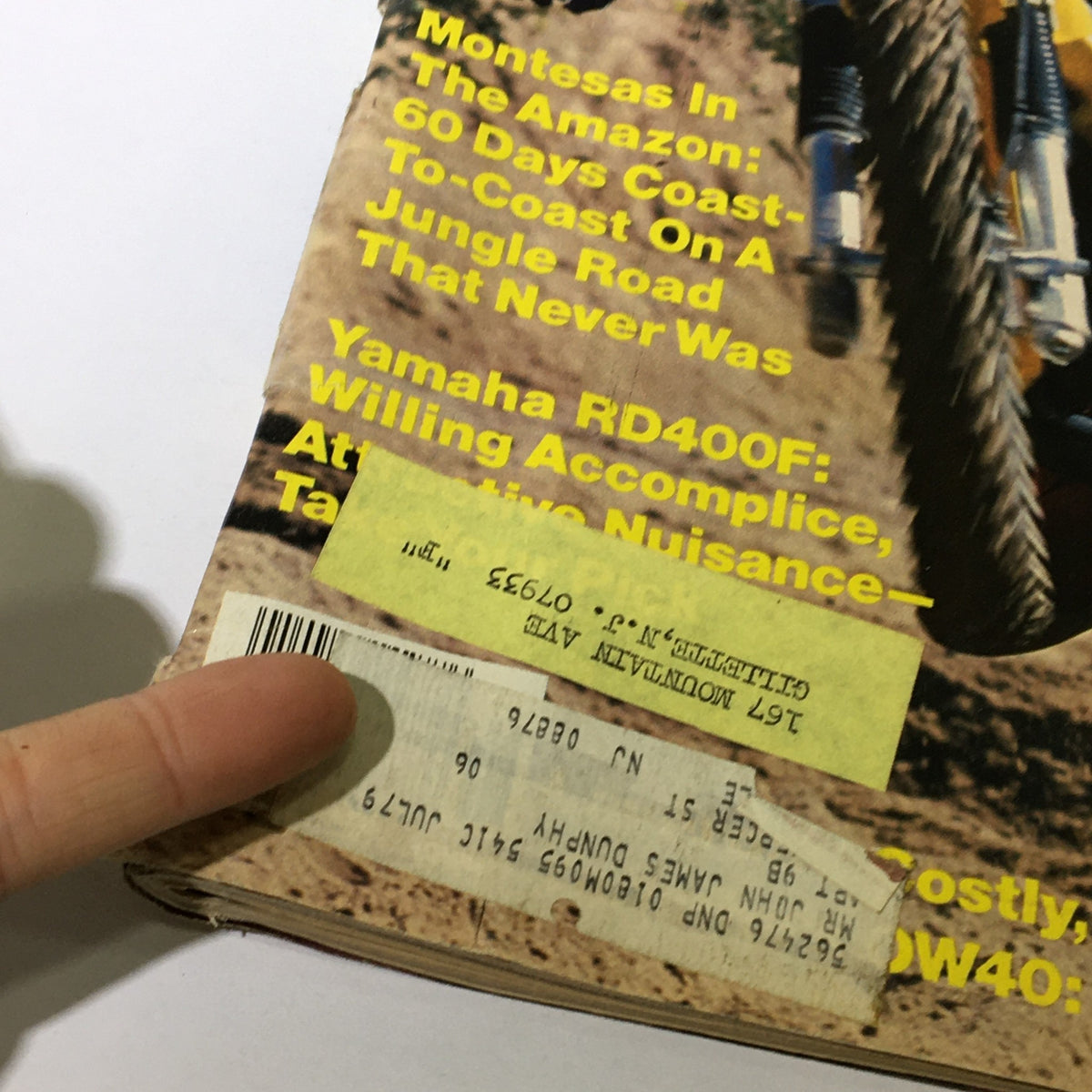Another close-up of Vintage Cycle Magazine June 1979 showing address labels and details of the magazine's features, including Yamaha RD400F.