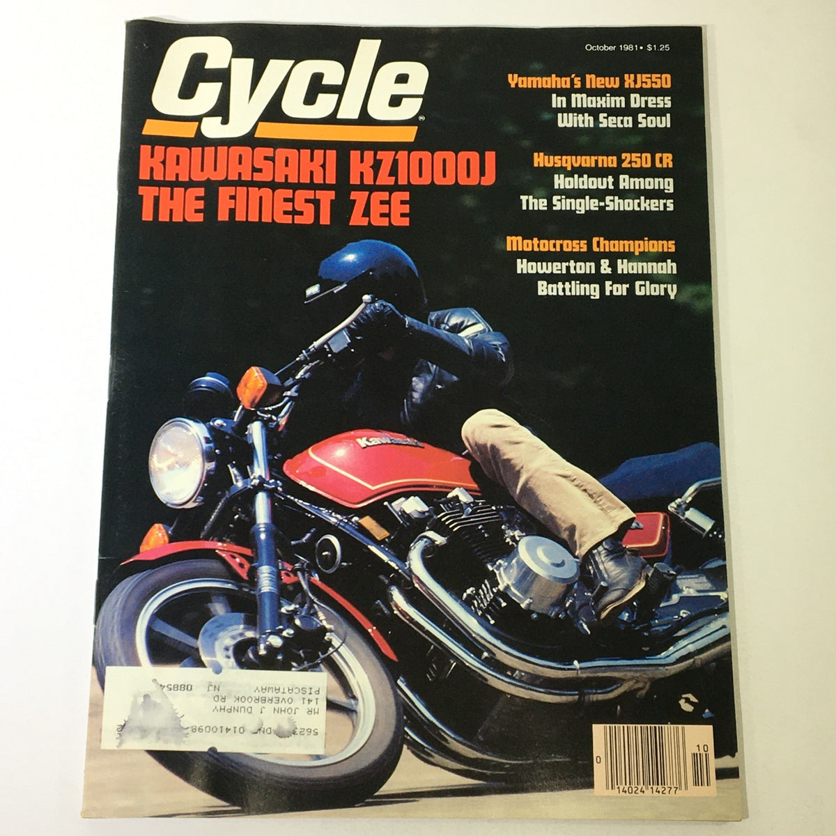 VTG Cycle Magazine October 1981 featuring the Kawasaki KZ1000J on the cover, showcasing the motorcycle in motion with detailed headlines about Yamaha XJ550 and Husqvarna CR.