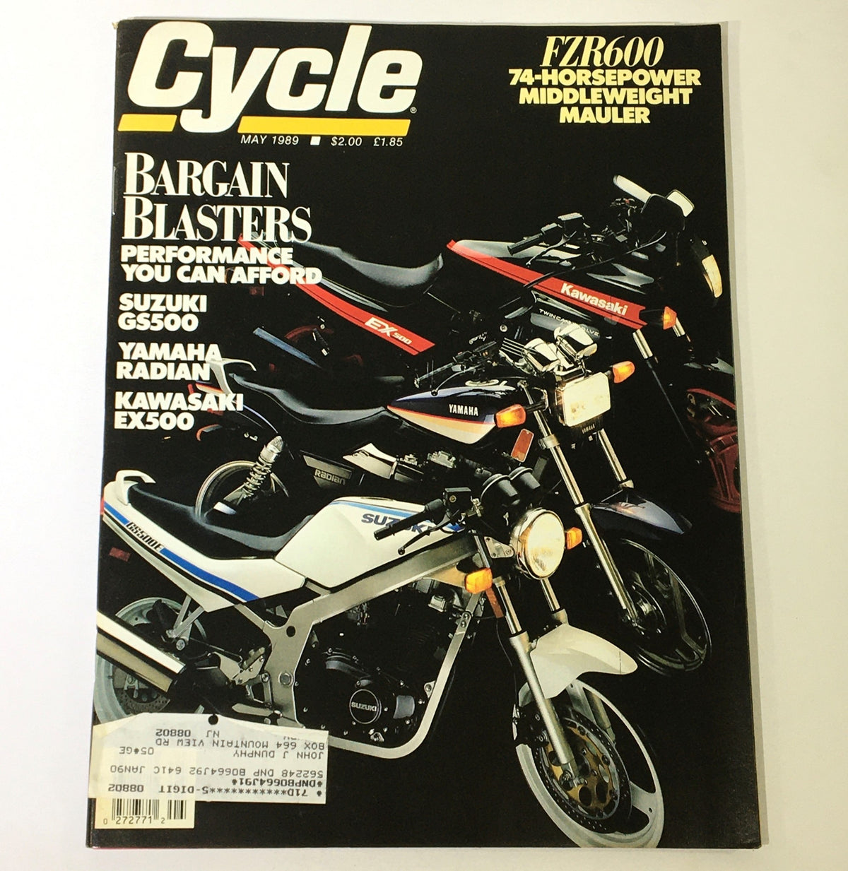 Cover of VTG Cycle Magazine May 1989 showcasing Suzuki GS500, Yamaha Radian, and Kawasaki EX500 motorcycles. Features include 'Bargain Blasters' and performance insights.