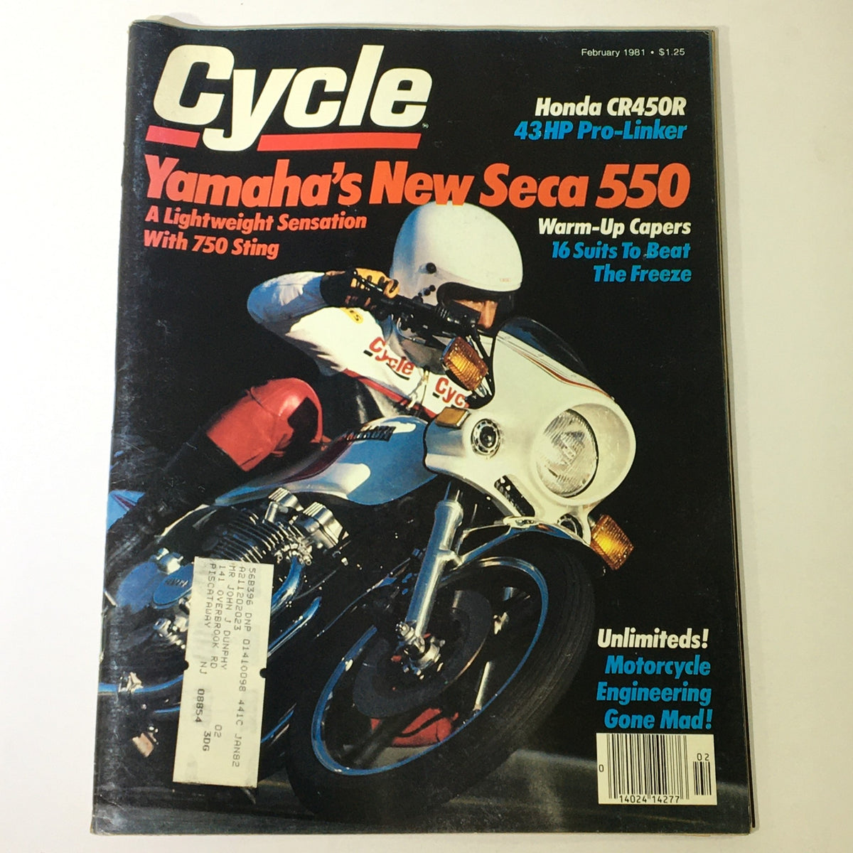Vintage Cycle Magazine from February 1981 featuring Yamaha's New Seca 550 and Honda CR450R, showcasing motorcycle culture and design from the early 1980s. This collectible item includes articles on various motorbikes, making it a valuable addition for enthusiasts and collectors.