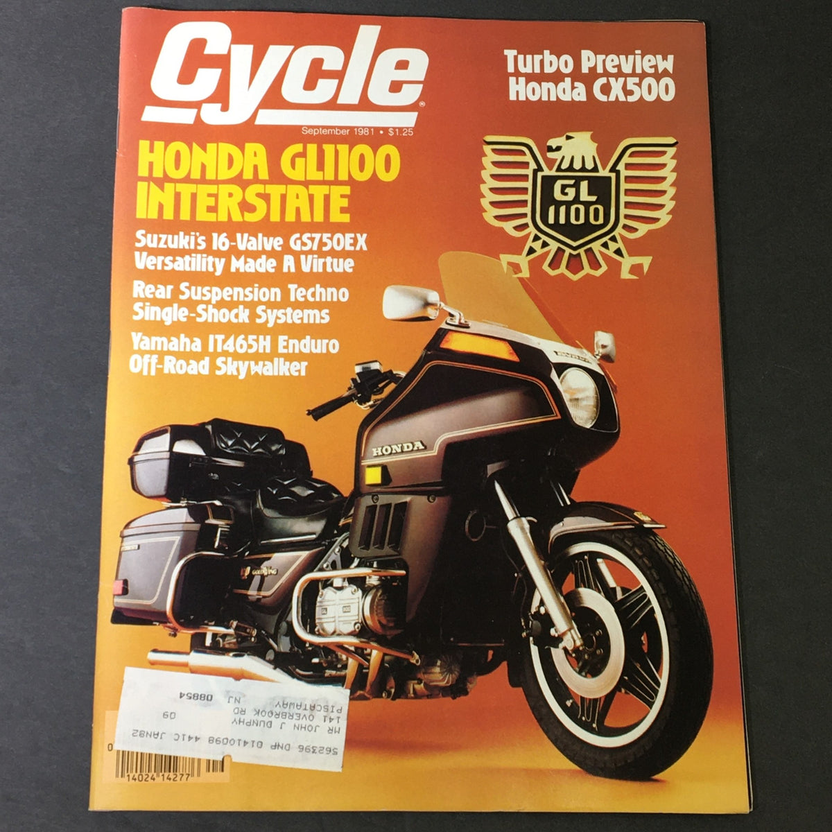 Cover of VTG Cycle Magazine September 1981 featuring Honda GL1100 and Honda CX500 Turbo Preview, showcasing an iconic motorcycle with bold text and vibrant colors.