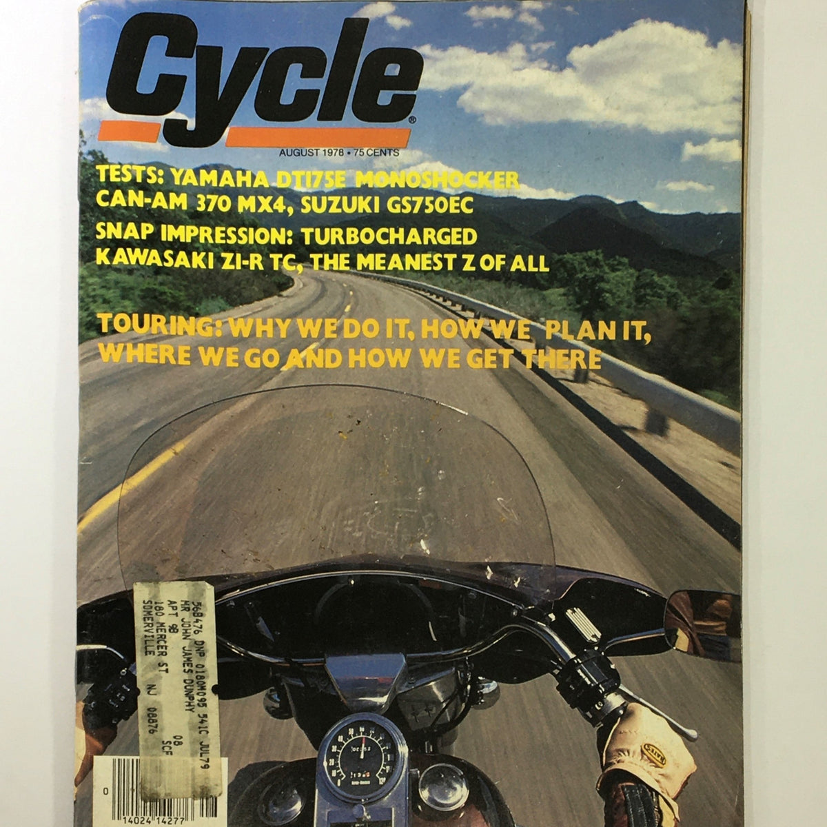 Cover of VTG Cycle Magazine August 1978 featuring Yamaha DT175E Monoshocker and Can-Am 370 MX4, showcasing motorcycle culture with an image of a rider on a winding road.